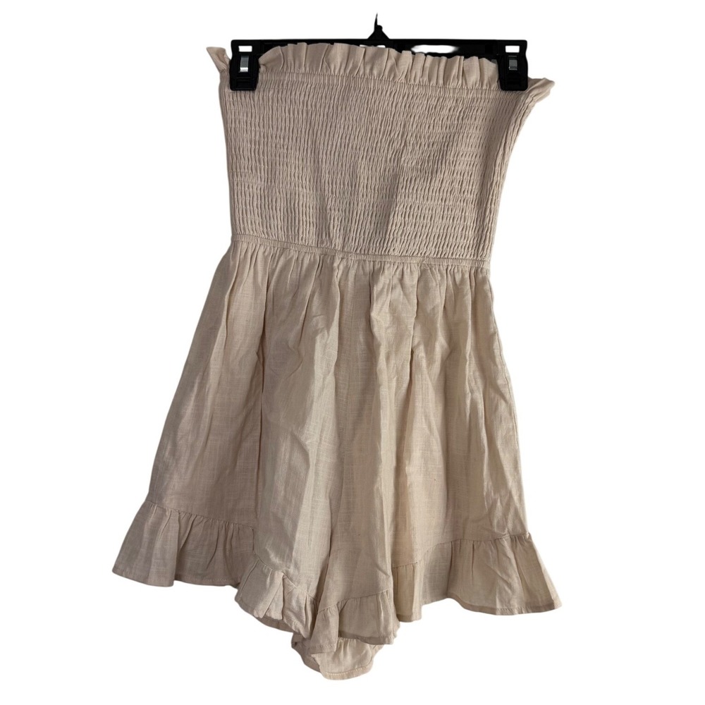 Princess Polly Strapless Smocked Romper Beige Ruffle‎ Hem Women Size 4 US Cream